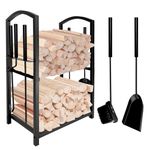 Grandhom Firewood Rack Indoor with 4pcs Fireplace Tools Set,Iron Wood Rack for Firewood Storage,Log Holder for Outdoor Fire Pit and Wood Stove with Poker,Brush,Shovel,Tongs,Black,45x30x74.5cm