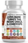 Clean Nutraceuticals Lions Mane 20in1 Mushroom Supplement with Turkey Tail Reishi Cordyceps Chaga Maitake Meshima Poria Cocos Shiitake Oyster Porcini Enoki 60 Count