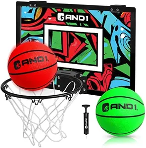 AND1 Over The Door Mini Hoop: - 18”x12” Pre-Assembled Portable Basketball Hoop with Flex Rim, Includes Two Deflated 5” Mini Basketball – Green/Red (5A1GT0110E0E2)