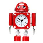 Betus [Non-Ticking] Robot Alarm Clock Stainless Metal - Wake-up Clock with Flashing Eye Lights and Hand Clip (Ruby Red)