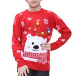 NOROZE Boys Girls Unisex Kids Merry Christmas Football Soccer Ball Red Nose Rudolph Reindeer Moose Santa Tour Bus Muffler Scarf Pom Polar Bear Snowflake Jumpers Sweater (11-12 Years, Bear Red)