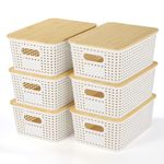 Plastic Storage Baskets With Bamboo Lid - Plastic Storage Containers Stackable Storage bins: Storage Baskets for Organizing Shelves Drawers Desktop Closet Playroom Classroom Office, 6 Pack