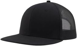 YEANIY M,L,XL,XXL Flat Bill Mesh Snapback Trucker Hat,Plain Blank Adjustable Solid Color Baseball Caps, Black, X-Large-XX-Large