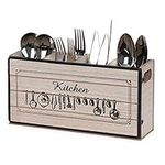 Optyuwah Kitchen Utensil Holder, Wood Cutlery Organiser with 4 Compartments, Cutlery Holder Silverware Storage Caddy Cutlery Kitchen Flatware for Spoons, Forks, Knives, Chopsticks, Napkin