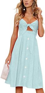 ECOWISH Women Summer Dresses Tie Front V-Neck Spaghetti Strap Button Down A-Line Backless Swing Midi Dress 809 Light Green XL