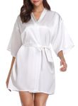 Vlazom Women Kimono Robes Satin Dressing Gown Short Bridal/Bridesmaid Robe Nightwear with Oblique V-Neck, L(UK 12-14), White