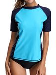 CharmLeaks Ladies Sports Rash Vest Short Sleeve Rashguard Swimwear Tops Blue L