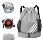 Drawstring Bags,Waterproof Swimming Bag For Kids Adults,Large Drawstring Gym Bag,Sports Drawstring Gym Backpack,Unisex PE Bag With Shoe Compartment,Football Basketball Backpack.Sports Bag (Gray)