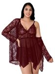 Fihana Net Lace Spandex Women Babydoll Nightgown Honeymoon Lingerie Nighty Pack 2 Piece Combo Black, Red, Maroon, Size-XXL.