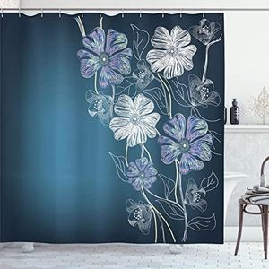 Art Shower Curtain, Hand Drawn Cherry Blossoms Fantasy Bridal Garden Anniversary Theme, Fabric Bathroom Decor Set with Hooks, 75 Inches Long, Petrol Blue Lavander White