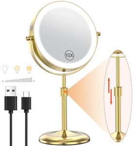 Benbilry Lighted Makeup Mirror with 3 Color Lights & 10X Magnification, Adjustable Brightness & Height, 7 Inch 360° Swivel Rechargeable 10X LED Magnifying Vanity Mirror with Light, Gold