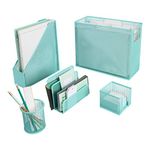 Blu Monaco 5 Piece Cute Office Supplies Aqua Desk Organizer Set - with Desktop Hanging File Organizer, Magazine Holder, Pen Cup, Sticky Note Holder, Letter sorter - Aqua Desk Accessories