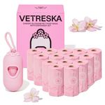 VETRESKA Dog Poop Bag Dispenser with Cherry Blossom Scented Bags, Leak Proof, Extra Thick Waste 1 Count Holder and 225 Bags for Walking Cats Litter, Pink