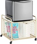 Indian Decor® 36500 Classic Steel 2-Tier Storage Stand for Mini Fridge, Rolling Cart with Easy-Grip Handles, Chevron Wire Sliding Drawer Basket, Metal Frame, Swivel Rotating Wheels-