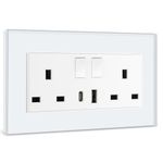 BSEED Double Switched Sockets with USB C and USB A Charging Ports, UK Standard Electric Power Sockets with Glass Panel, 2 Gang 13A Wall Socket, White