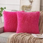 ANRODUO Pack of 2 Hot Pink Throw Pillow Covers Luxury Fluffy Pillows Faux Fur Decorative Pillows Plush Cushion Case Fuzzy Mongolian Merin Style for Bed Couch Sofa Living Room Spring Decor 18x18 Inch