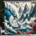 Ambesonne Nautical Shower Curtain, Sailboat Against Crashing Waves in Exotic Seas Flowers Mountains, Cloth Fabric Bathroom Decor Set with Hooks, 69" W x 70" L, Cadet Blue and Dark Pink