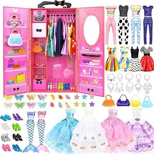 VLUSSO 84 Pack Ropa y Accesorios para Muñecas Armario para 11.5 Pulgadas Muñeca de Niñas Que Incluye Vestidos de Novia Tops y Pantalones Zapatos Perchas Collares Juguetes Regalos para Niñas