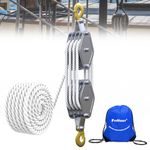 FITHOIST Block and Tackle, 4400 LBS Heavy Duty Pulley, 65 Feet 3/8 Rope Pulley, 7:1 Lifting Power Hoist Pulley System, Pulley Hoist for Animal Husbandry, Automotives, Warehouses, Constructions