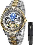 FANMIS Mens Luxury Engraving Wrist Watches Unique Tattoo Pattern Carved Stainless Steel Band Luminous Automatic Skeleton Watch, Gold,