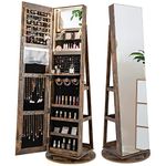 COSTWAY 360°Swivel Jewelry Cabinet, Lockable Jewelry Armoire Storage Unit with Full-Length Mirror & 3-Color Auto-on LED Lights, Home Bedroom Dressing Room Cosmetics Jewellery Organiser (Rustic Brown)