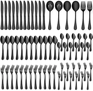 LIANYU 66-Piece Black Silverware Set with Serving Utensils, Stainless Steel Black Silverware Flatware Set for 8, Elegant Cutlery Tableware Includes Forks Spoons Knives, Dishwasher Safe