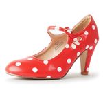 J. Adams Pixie Mary Jane Shoes Women Oxford Pumps - Cute Low Kitten High Heels - Retro Vintage Shoes for Women 1950s Mary Janes Round Toe Shoe with Ankle Strap - Women Dress Shoes, Red Polka Dot Pu,