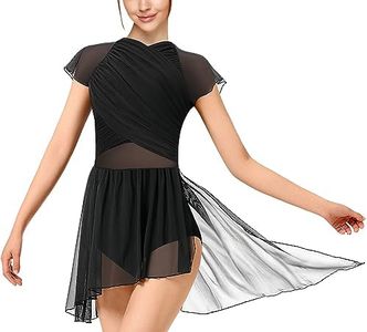 DANSHOW Lyrical Modern Dance Dress for Women Contemporary Dance Costumes Asymmetrical High Low Skirt Lace Dance Wear, Black Flutter Sleeves, S