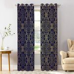 Shrahala Gold Blue Floral Blackout Window Curtains, Vintage Damask Navy Blue Floral Design Thermal Insulated Curtains Grommet Top Window Drapes for Living Room, Bedroom (2 Panels,52 x 84 in)