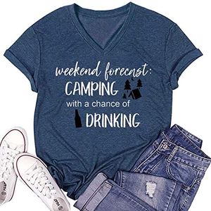 Weekend Forecast Camping with a Chance of Drinking T-Shirt for Women Cute Graphic Short Sleeve Funny Letter Print Tee Tops (Blue, M)