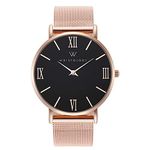 WRISTOLOGY Stella Womens Roman Rose Gold Black Face Boyfriend Watch Rose Gold Metal Mesh Strap Band