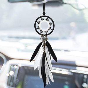 Alynsehom Dream Catcher Car Interior Rearview Mirror Hanging Decor Handmade Grids Nature Feather Small Boho Car Charms Pendant Accessories (Black and White)