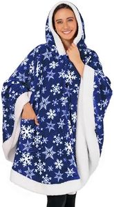 PAVILIA Sherpa Fleece Wearable Blanket for Adult Women, Cozy Plush Blanket Poncho Cape with Hood, Super Soft Shawl, Angel Wrap Throw for Office, Snowflake Blue