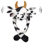 Tocwick Cow Hat Costume with Moving Ears Short Plush Cartoon Hat Animal Shaped Cap Soft Warm Winter for Festival Cosplay Black