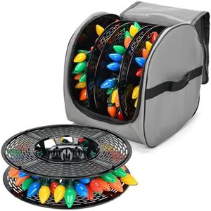 Keten Christmas Light Storage Bag, 600D Oxford Fabric Christmas Light Organizer with Reinforced Handles, 3 Reels Included to Hold 375ft Mini Christmas, Tree Lights & Extension Cords-Grey
