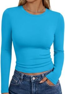 Trendy Queen Womens Long Sleeve Shirts Basic Crop Tops Tight Slim Fit Cute Teen Girls Fall Winter Y2k Clothes Blue L