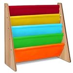 LIVIVO Children's Colourful Sling Storage Bookshelf – Easy Access Wooden Book Storage Rack with Soft Nylon Fabric Shelves Shelf to Protect your Kids Books (Multi-Colour)