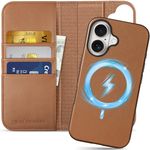 SHIELDON Case for iPhone 16, Genuine Leather Detachable 2 in 1 Wallet Wireless Charging Case Kickstand RFID Blocking Card Holder Magnetic Phone Case Compatible with iPhone 16 - Saddle Brown