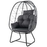 RELAX4LIFE Patio Wicker Egg Chair, Indoor Outdoor PE Rattan Oversized Lounger with Cushion & Pillow, Heavy-duty Metal Frame Basket Seat Teardrop Chair for Garden, Balcony, Porch (Gray)