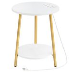 HOOBRO End Table with Charging Station, 2-Tier Round Side Table with Wooden Shelves, Modern Gold Small Accent Table for Living Room Bedroom, Small Spaces, White and Gold DW671BZ01