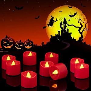 12 velas de Halloween, sin llama, luces LED rojas de Halloween, velas de té, velas de té, decoración de Halloween, lámpara de Halloween, funciona con pilas, faroles de vela LED, velas falsas,