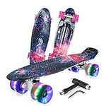 BELEEV 22 inch Skateboard Complete Cruiser Mini Skateboard for Kids Teens Adults & Beginners, PU LED Flashing Wheels with All-in-One Skate T-Tool (Galaxy Purple)