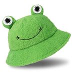 Whaline Plush Frog Hat Cute Green Packable Bucket Hat Autumn Winter Keep Warm Funny Animal Hat for Adults Women Men Outdoor Indoor Activities