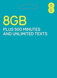 EE Pay As You Go Sim Card Preloaded With £10 Credit includes 20GB data plus 500 minutes and unlimited texts.