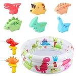 CLIUNT 9pcs Inflatable Paddling Pool Set, 3 Ring Portable Paddling Pools with Inflatable Safety Bubble Bottom, Dinosaur Water Gun and Dinosaur Bath Toys for 1-6 Years Old Toddlers