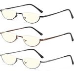 TOVEEN Half Lens Reading Glasses Blue Light Blocking, Half Moon Frame Semi Rim Spring Hinge Readers with Case for Men Women, 3 Pack (Black/Brown/Gunmetal)