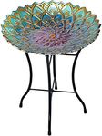 Teamson Home Handpainted Mosaic Flower Fusion Glass Pedestal Bird Bath for Outdoor Patio Garden Backyard Decking Décor, 21 inch Height, Blue and Purple