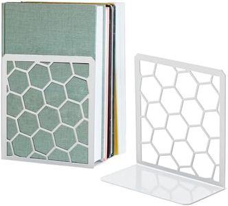 Premium Geometric Grey Honeycomb Bookends for Shelves, Metal Book Ends for Office, L-Shaped Book Stopper, Rustproof Bookends Decorative Unique for Home, 6.25 (L) x 6 (W) inches, 1 Pair - Geomod