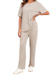 Famulily Lounge Sets for Women 2 Piece Knit Pj Set Crew Neck Drop Shoulder T-Shirt Casual Wide Leg Pants Beige XL