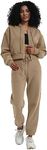 Kissonic Womens Fleece 2 Piece Outfits Sweatsuit Zip Up Hoodie Sweatshirt Joggers Pants Tracksuit Set, Khaki, XL